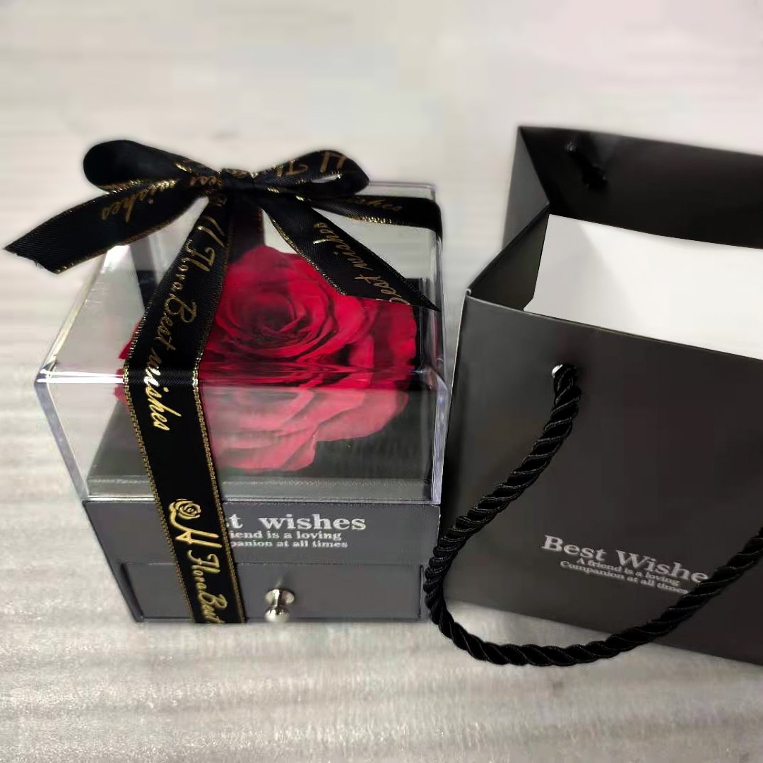 Wholesale Eternity Roses Acrylic Preserved Rose Gift Sets for Women Valentines Day Jewelry Box with drawer