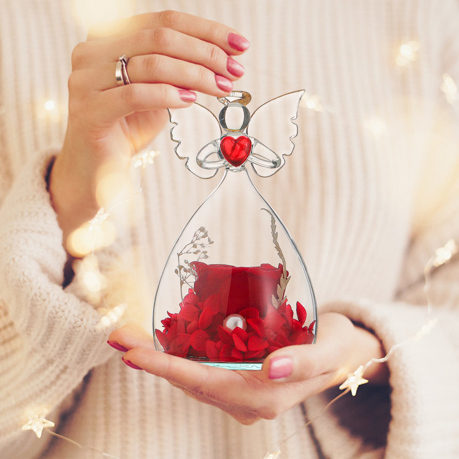 Christmas Valentines Day Gift Little Prince Unique Angels Preserved Eternal Roses in Glass Dome With Gift Box for Women Girls