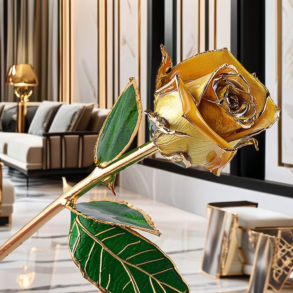24K Gold Plated Real Rose Green Leaves Forever Preserved Flower Christmas Graduation New Year Valentine's Day Mother's Day