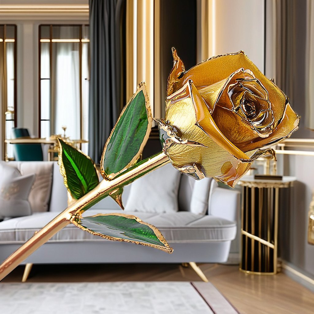 24K Gold Plated Real Rose Green Leaves Forever Preserved Flower Christmas Graduation New Year Valentine's Day Mother's Day