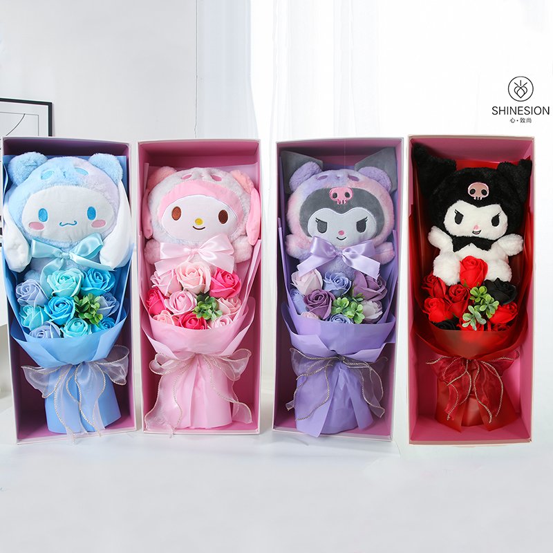 Rose Flower Bouquet for Valentine Gift Custom Plush Sanrio Preserved Flower Doll Toy Flower Bouquet Valentine's Day Gift