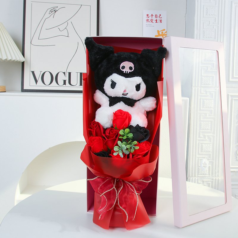 Rose Flower Bouquet for Valentine Gift Custom Plush Sanrio Preserved Flower Doll Toy Flower Bouquet Valentine's Day Gift