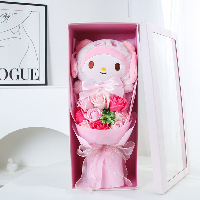 Rose Flower Bouquet for Valentine Gift Custom Plush Sanrio Preserved Flower Doll Toy Flower Bouquet Valentine's Day Gift