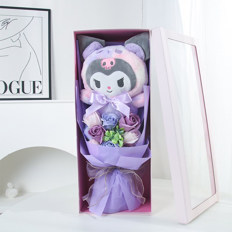 Rose Flower Bouquet for Valentine Gift Custom Plush Sanrio Preserved Flower Doll Toy Flower Bouquet Valentine's Day Gift