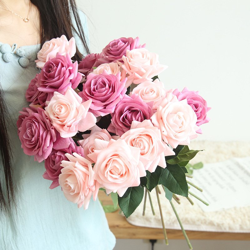 O-X280 Real Touch Moisturizing flower Artificial Rose with Leaves Stem Silk Latex Wedding Moisturized Artificial Rose Flowers