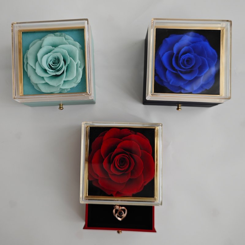 Lovebay Valentine's Day Preserved Flower Rose Jewelry Gift Ring Necklace Gift Set Real Eternal Preserved rose In a Acrylic Box