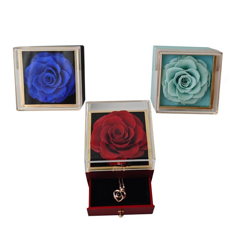 Lovebay Valentine's Day Preserved Flower Rose Jewelry Gift Ring Necklace Gift Set Real Eternal Preserved rose In a Acrylic Box