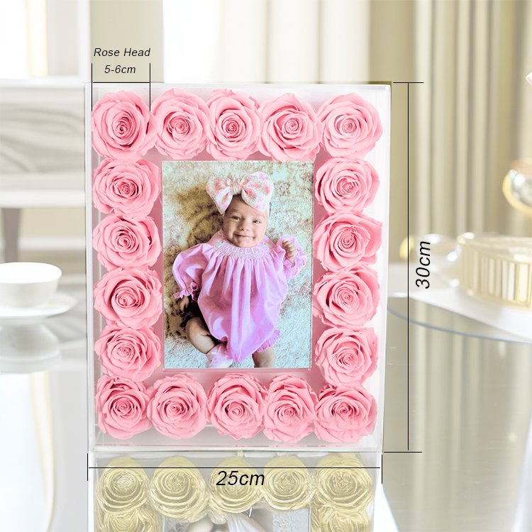 New trending mother's day infinity eternal rose picture acrylic frame 18pcs forever preserved rose quartz crystal photo frame