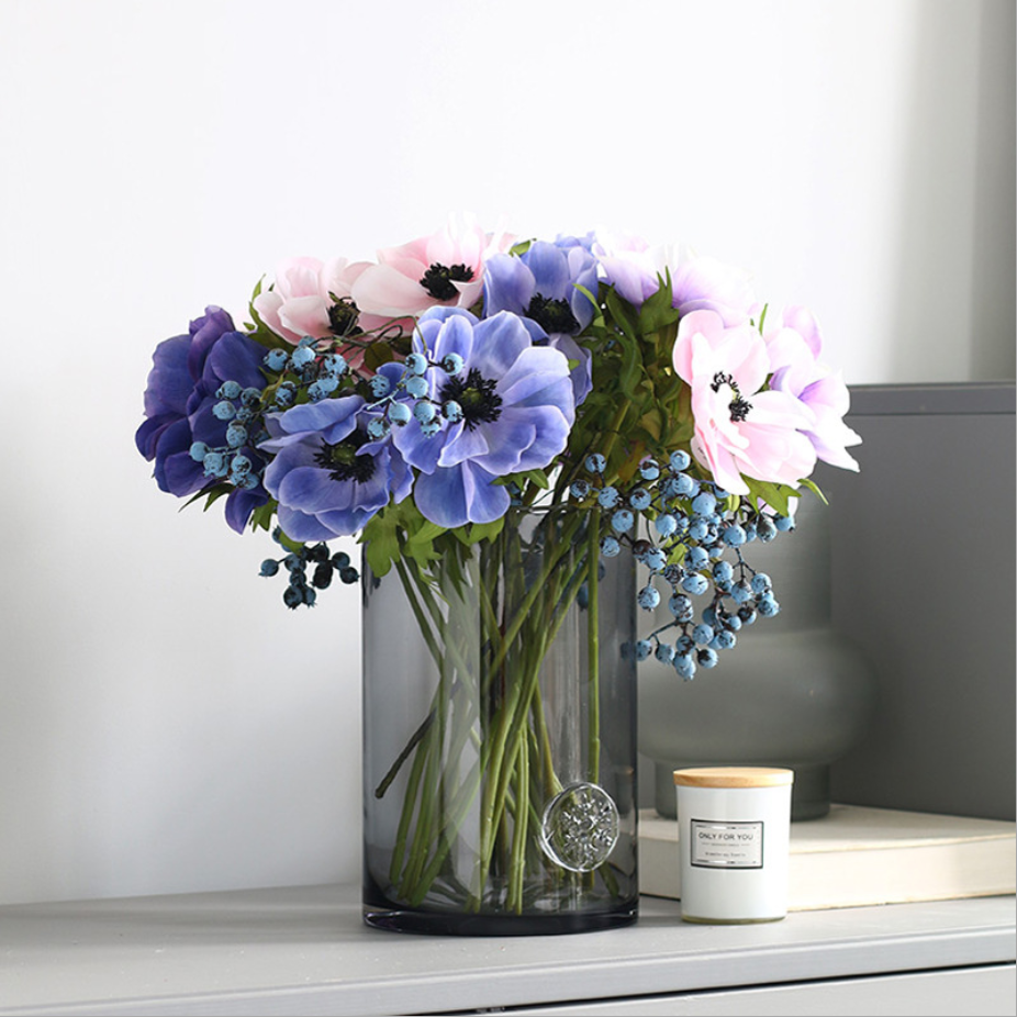 Ins most popular decorative real looking high quality silk artificial Anemone blue flower