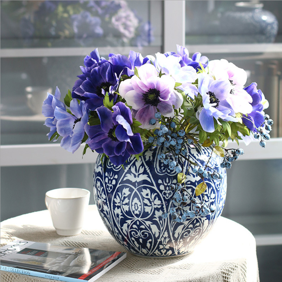 Ins most popular decorative real looking high quality silk artificial Anemone blue flower