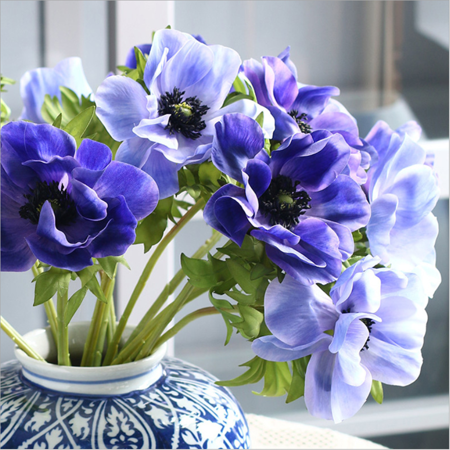 Ins most popular decorative real looking high quality silk artificial Anemone blue flower