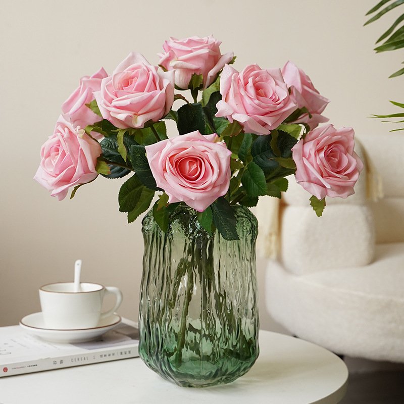 Single moisturizing rose fe flower Nordic simulation flower living room table TV cabinet decoration feel moisturizing rose