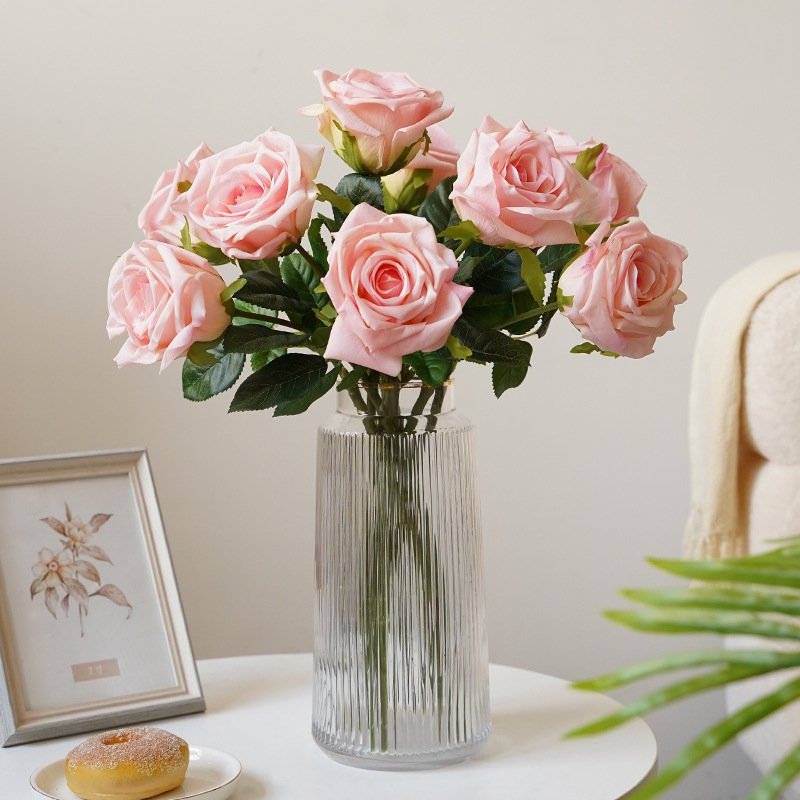 Single moisturizing rose fe flower Nordic simulation flower living room table TV cabinet decoration feel moisturizing rose