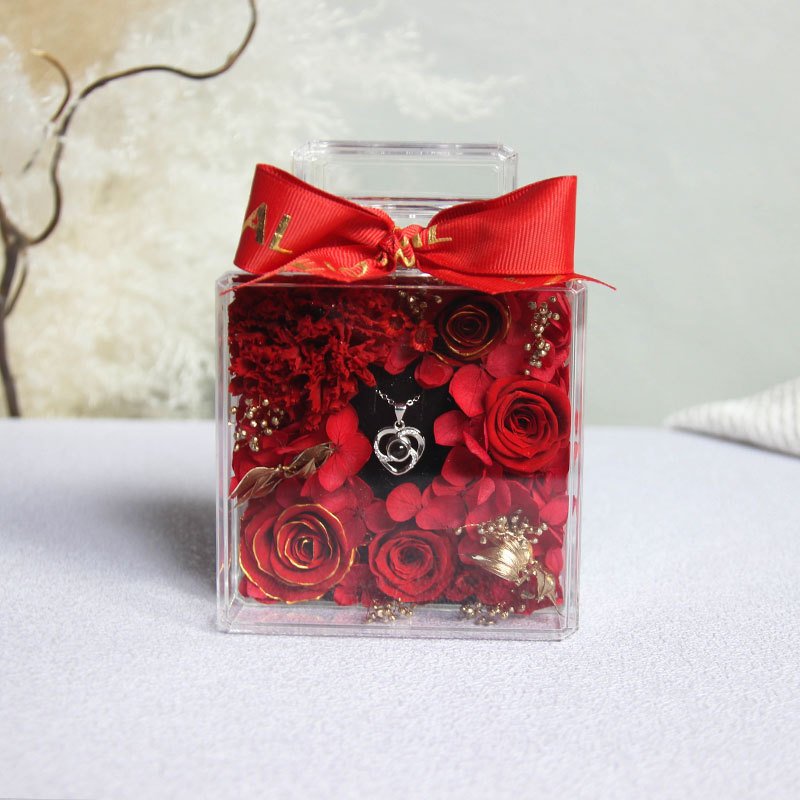 TC Elegant Real Fresh Eternal Rose Preserved Flower With Surround Necklace In Acrylic Box For Mother's Day Valentine's Day Gift