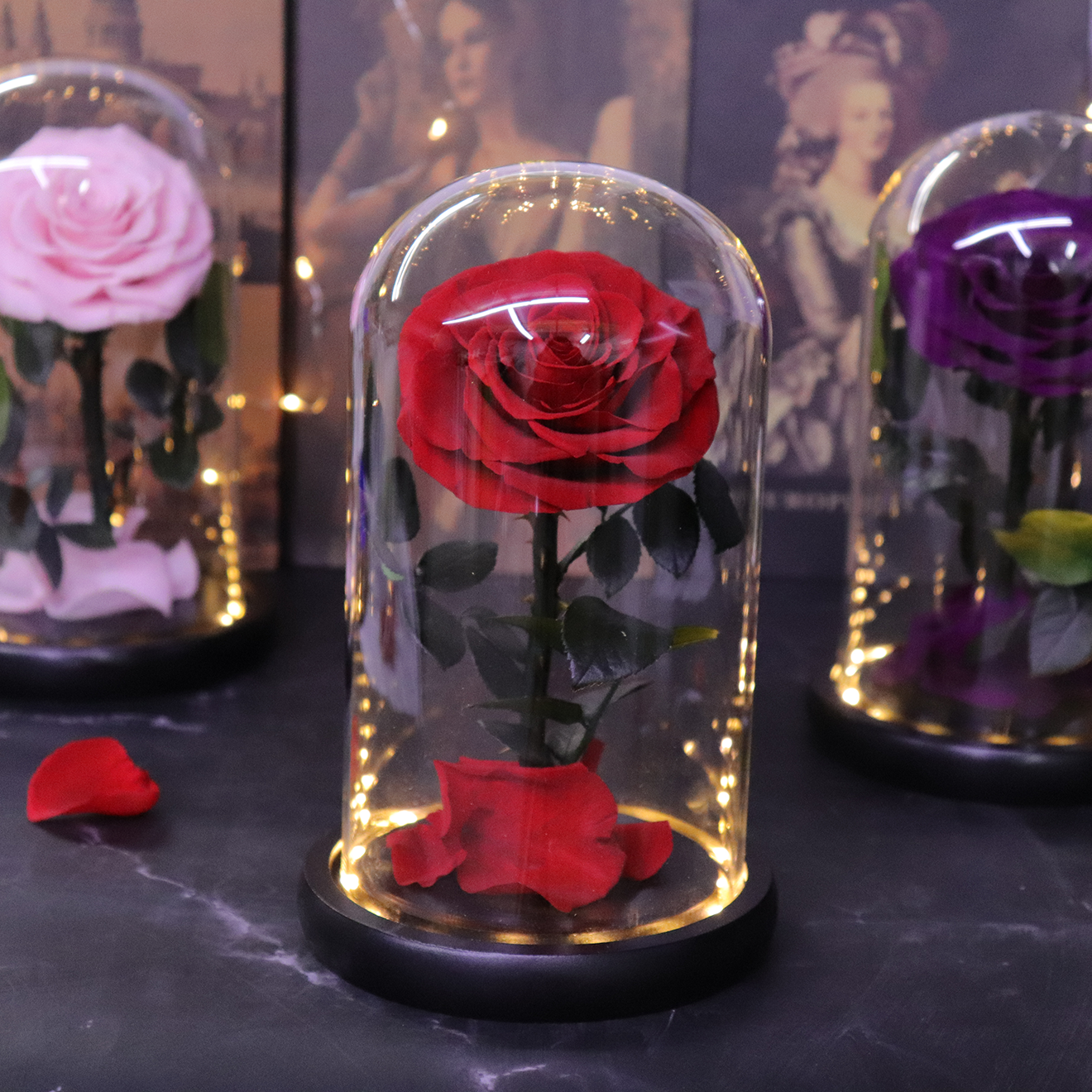 Hot Selling Valentine's Day Gift Preserved Flower Gift Light Up Real Rose In Glass 1 Preserved Rose In Glass Dome With Gift Box