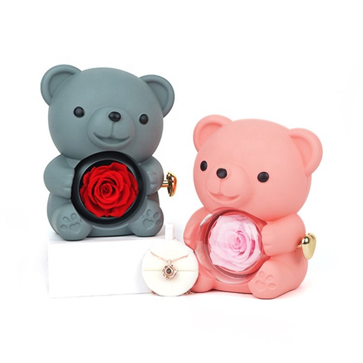 New Arrival Wholesale Valentines Day Gift Preserved Forever Eternal Roses Flower Rotating Teddy Hug Bear Jewelry Ring Box