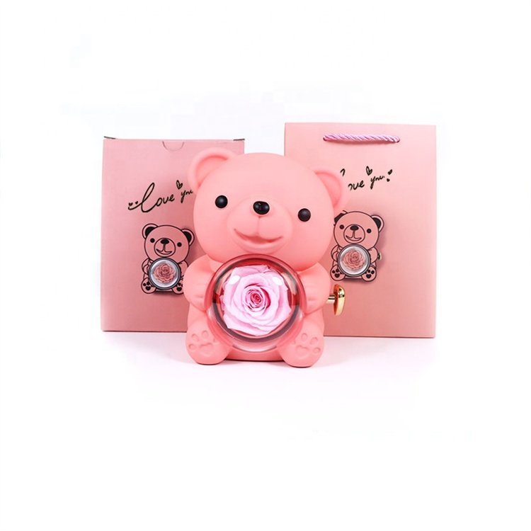 New Arrival Wholesale Valentines Day Gift Preserved Forever Eternal Roses Flower Rotating Teddy Hug Bear Jewelry Ring Box