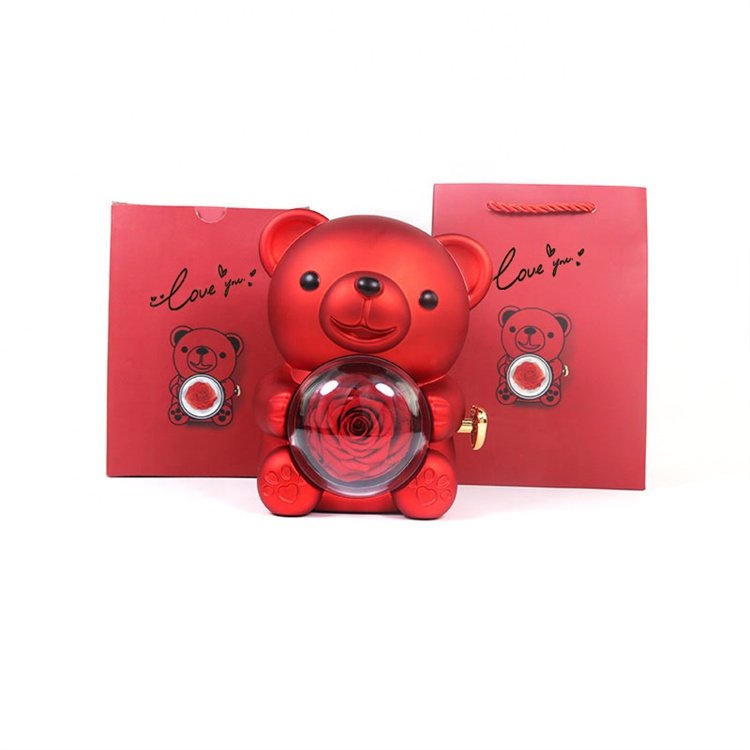 New Arrival Wholesale Valentines Day Gift Preserved Forever Eternal Roses Flower Rotating Teddy Hug Bear Jewelry Ring Box
