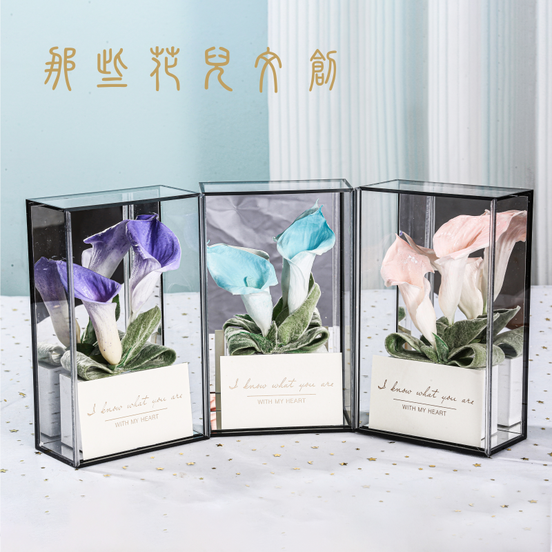 Long Lasting Immortal Real Preserved Flowers Calla Lily In Square Clear Acrylic Mirror Box Good Gift For Birthday/Wedding Guests