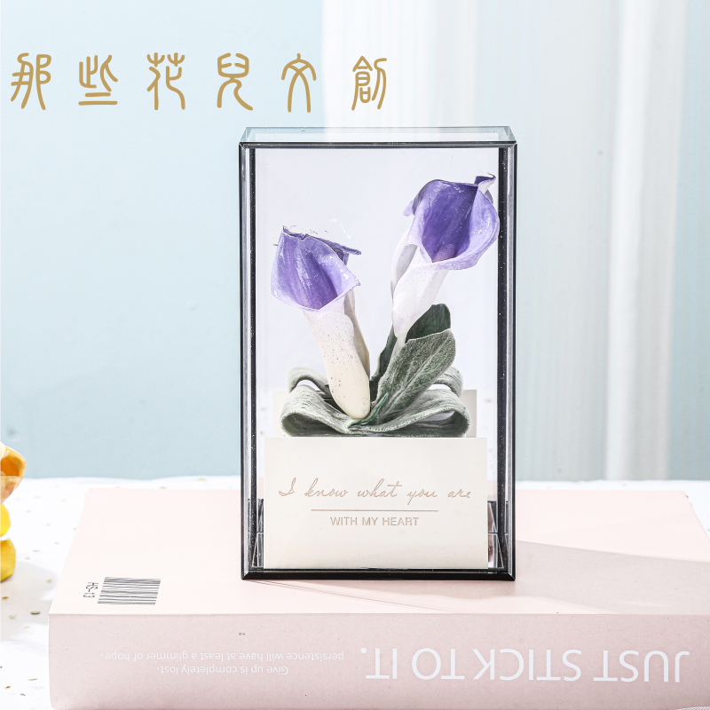 Long Lasting Immortal Real Preserved Flowers Calla Lily In Square Clear Acrylic Mirror Box Good Gift For Birthday/Wedding Guests