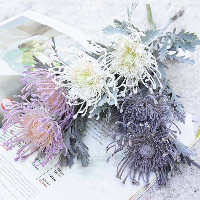 Artificial Single Stem Crab Claw Chrysanthemum with 2 heads Pincushion Wind Wheel Flower for the Wedding&Hotels&Home Decoration