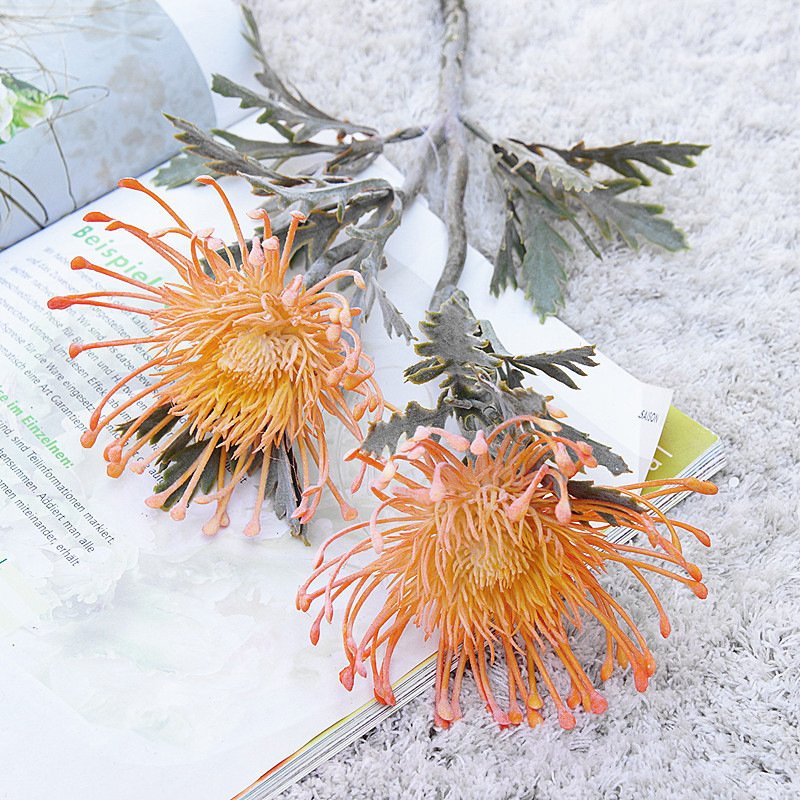 Artificial Single Stem Crab Claw Chrysanthemum with 2 heads Pincushion Wind Wheel Flower for the Wedding&Hotels&Home Decoration