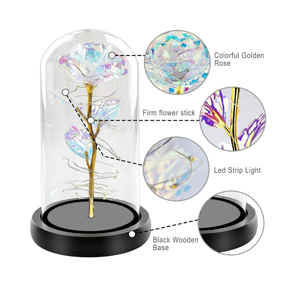 Wholesale Cloche Glass Rose Flower Dome Mini Eternal Preserved Roses Flower in Glass Dome with Led Lights