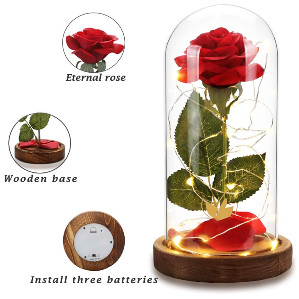 Wholesale Cloche Glass Rose Flower Dome Mini Eternal Preserved Roses Flower in Glass Dome with Led Lights
