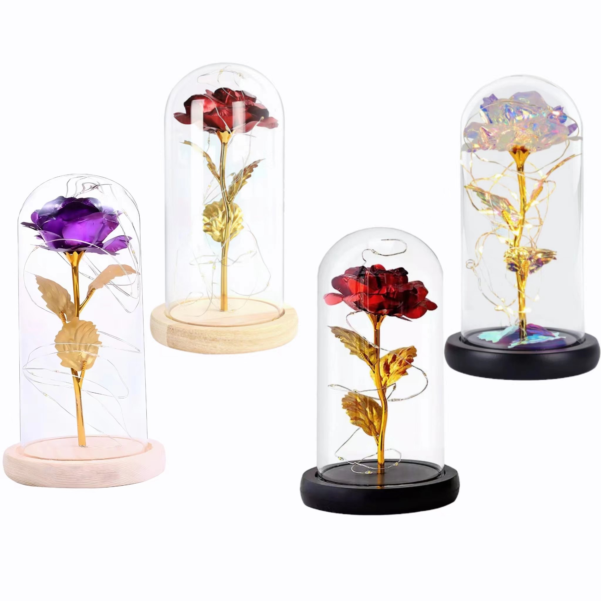 Wholesale Cloche Glass Rose Flower Dome Mini Eternal Preserved Roses Flower in Glass Dome with Led Lights