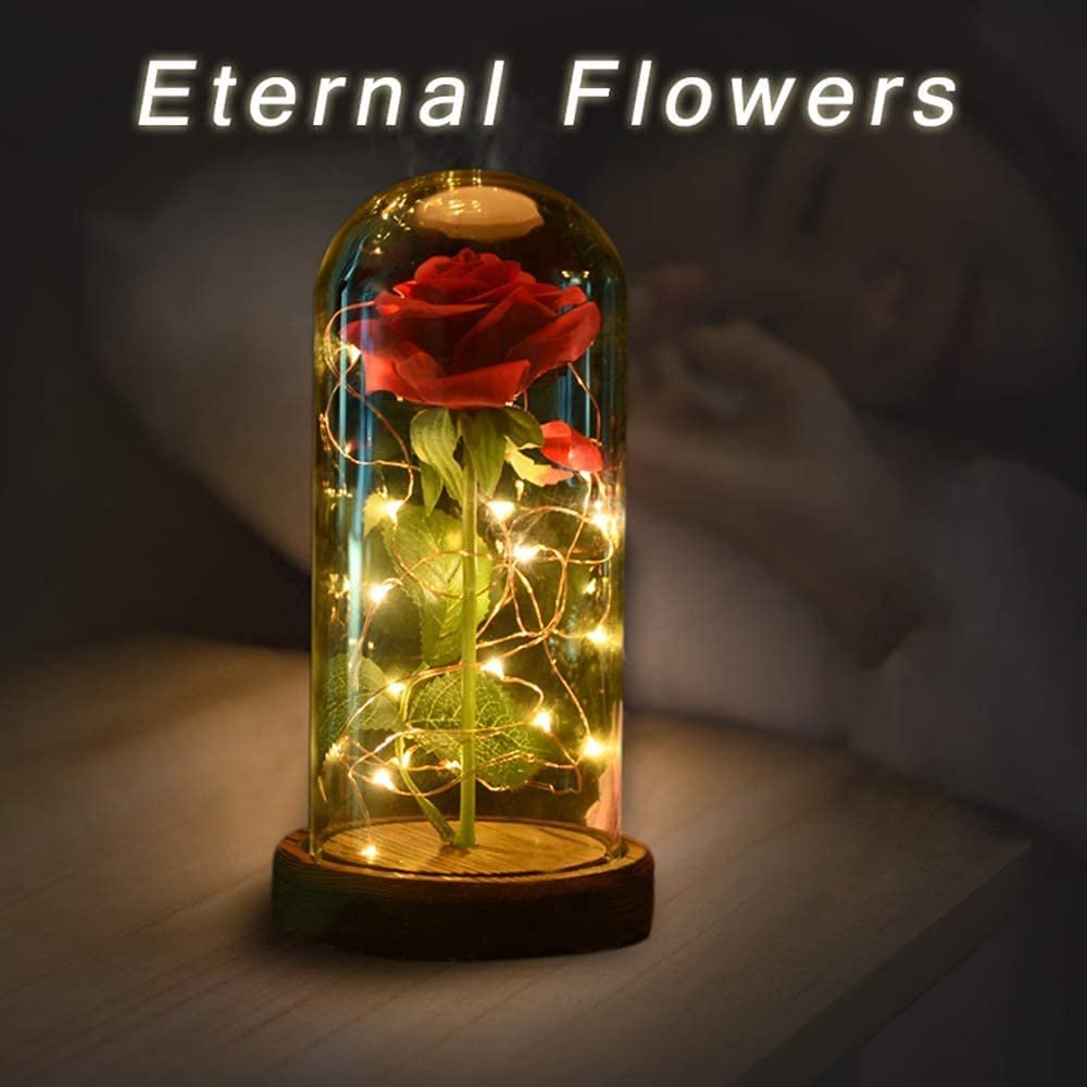 Wholesale Cloche Glass Rose Flower Dome Mini Eternal Preserved Roses Flower in Glass Dome with Led Lights
