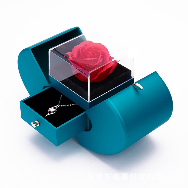 New arrival products Christmas style acrylic drawer box with eternal flower preserved roses with necklace in acrylic