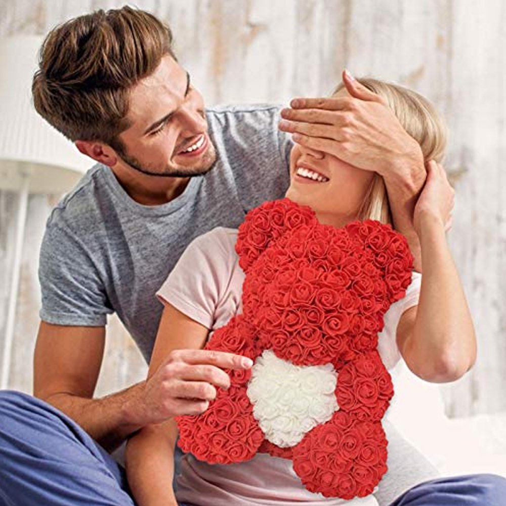 Most Selling Red Rose Teddy Bear 25cm with white Heart Beautiful Heart Rose Bear For Valentines Day Gift