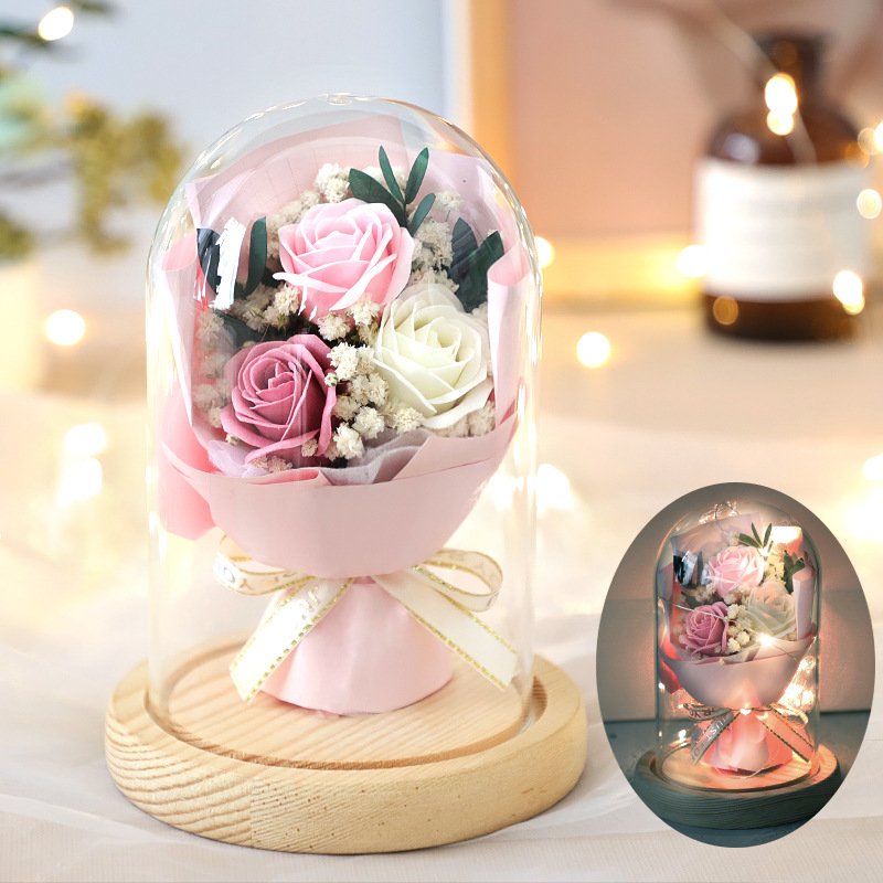 Creative Mother's Day/Valentine's Gift Dry Flowers Soap Rose Flower Bouquet with Glass Dome Soap Gift Flower Box