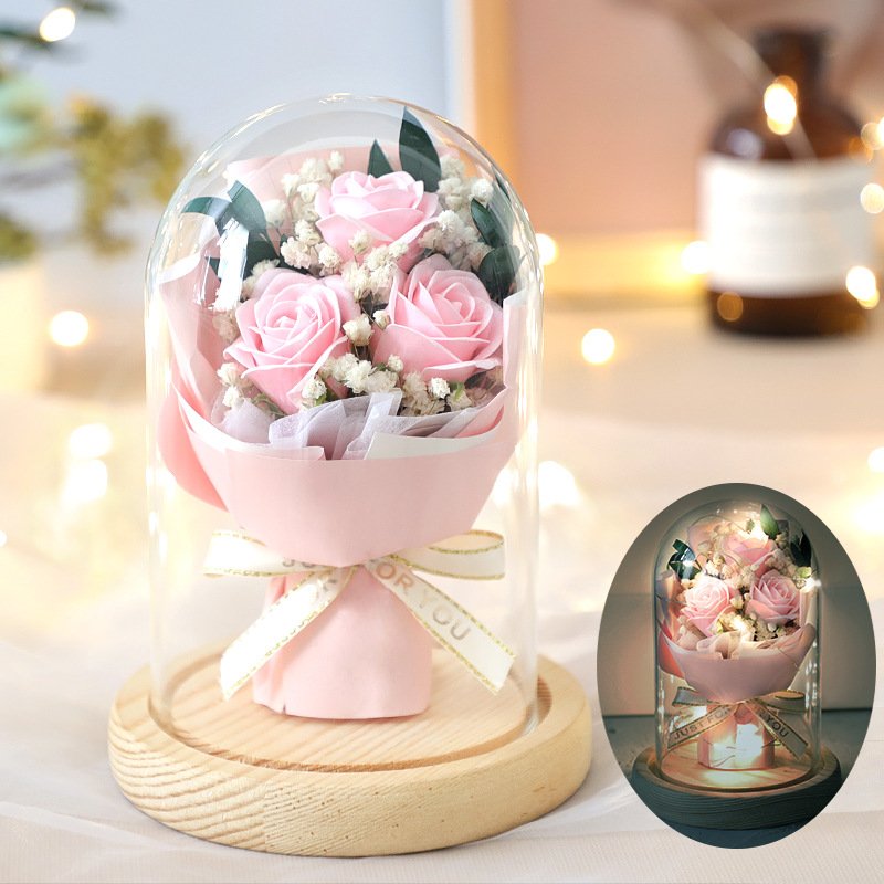 Creative Mother's Day/Valentine's Gift Dry Flowers Soap Rose Flower Bouquet with Glass Dome Soap Gift Flower Box