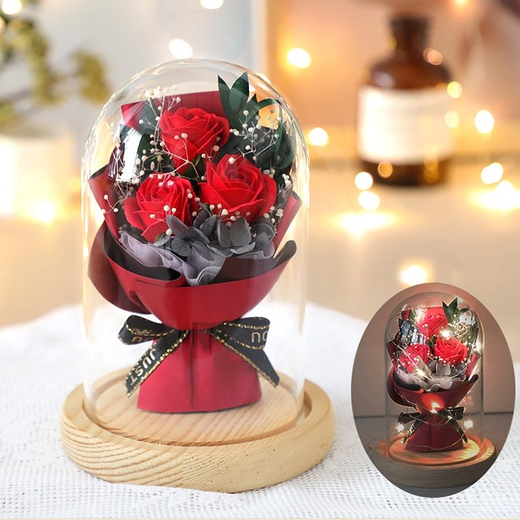 Creative Mother's Day/Valentine's Gift Dry Flowers Soap Rose Flower Bouquet with Glass Dome Soap Gift Flower Box