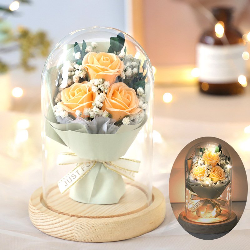 Creative Mother's Day/Valentine's Gift Dry Flowers Soap Rose Flower Bouquet with Glass Dome Soap Gift Flower Box