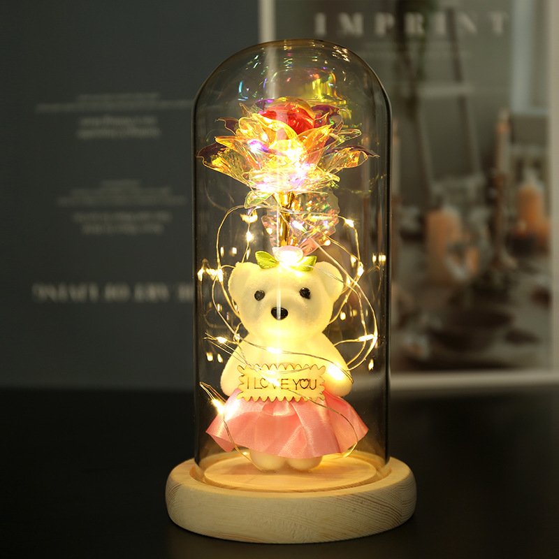 Wholesale Immortal Flowers Preserved Love Couple Bears Rose Glass Cover Gift Christmas Valentine's Day Crafts Ornaments