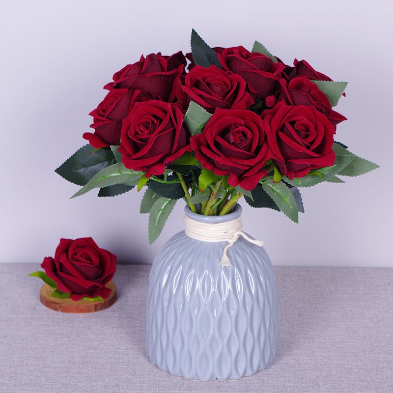 Single Preserved Rose Short Stem Artificial Rose Flowers Velvet Fabric Roses Natural Touch