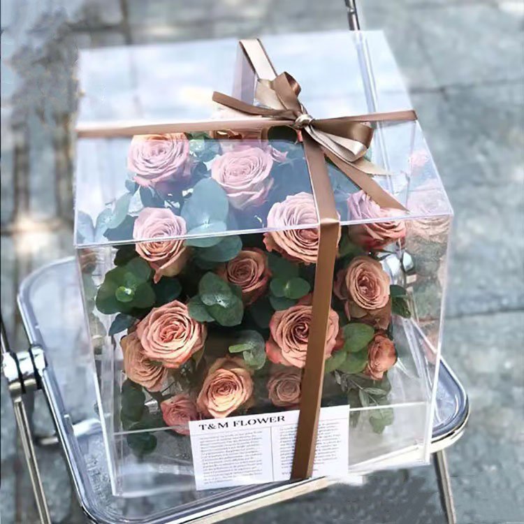 3D High Transparent Acrylic Flower Box Flower Packaging Box Rose Square Flower Arrangement Gift