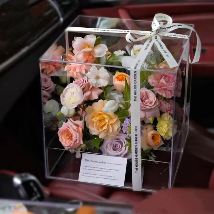 3D High Transparent Acrylic Flower Box Flower Packaging Box Rose Square Flower Arrangement Gift