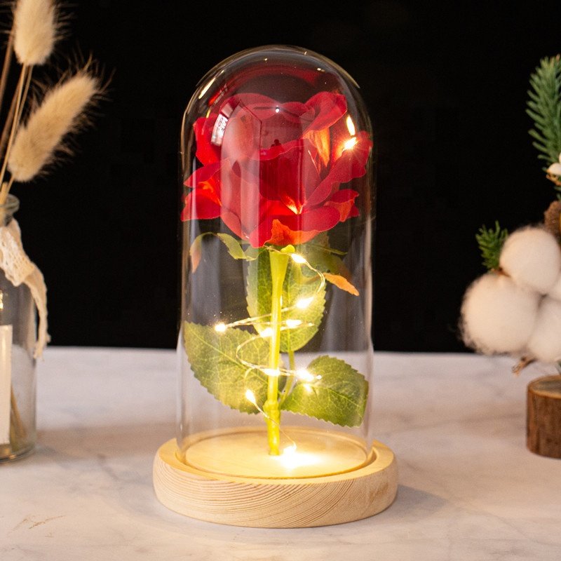 Valentine'S Day Gift 1Pc Preserved Artificial Silk Real Touch Rose Flower With Led Lights In Glass Dome Cover