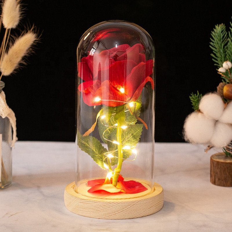 Valentine'S Day Gift 1Pc Preserved Artificial Silk Real Touch Rose Flower With Led Lights In Glass Dome Cover