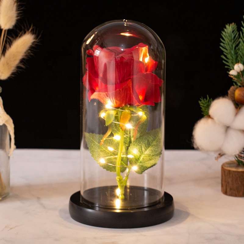 Valentine'S Day Gift 1Pc Preserved Artificial Silk Real Touch Rose Flower With Led Lights In Glass Dome Cover