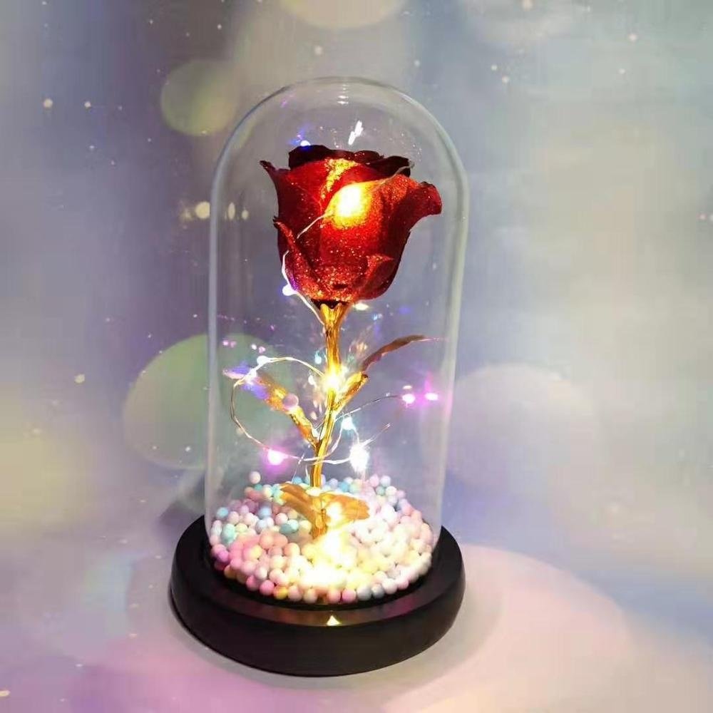 Wholesale artificial rose flowers LED Light Beauty high quality 24K Rose Glass Dome as Christmas gifts