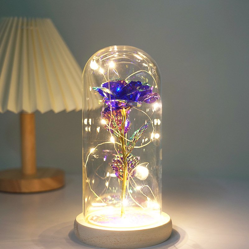 Wholesale artificial rose flowers LED Light Beauty high quality 24K Rose Glass Dome as Christmas gifts