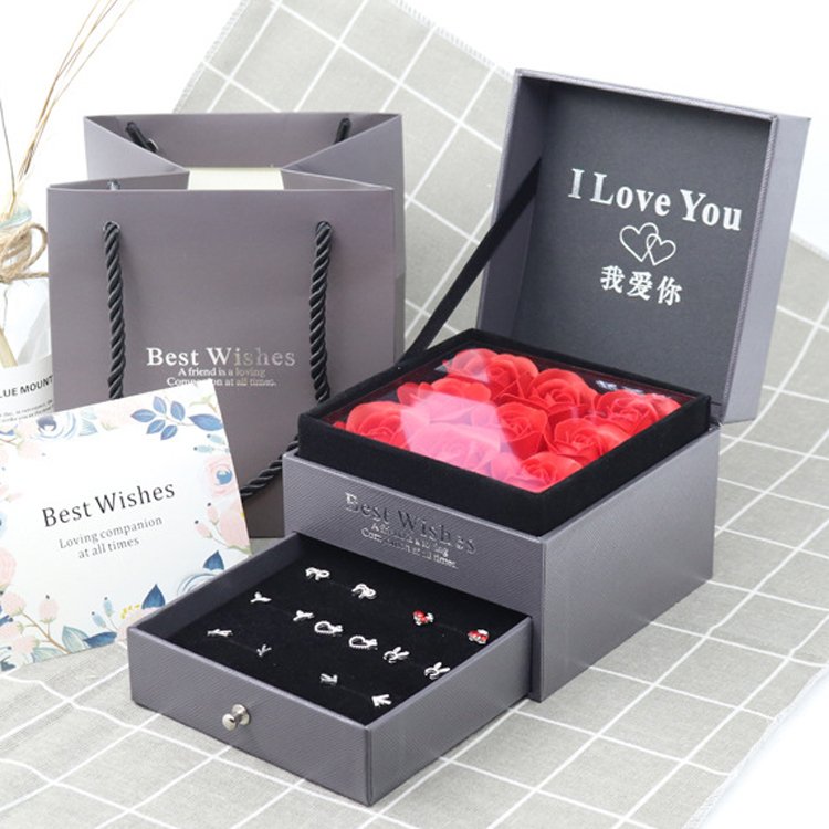 Valentines day gift 2023 supplier preserved rose flower boxes with jewelry