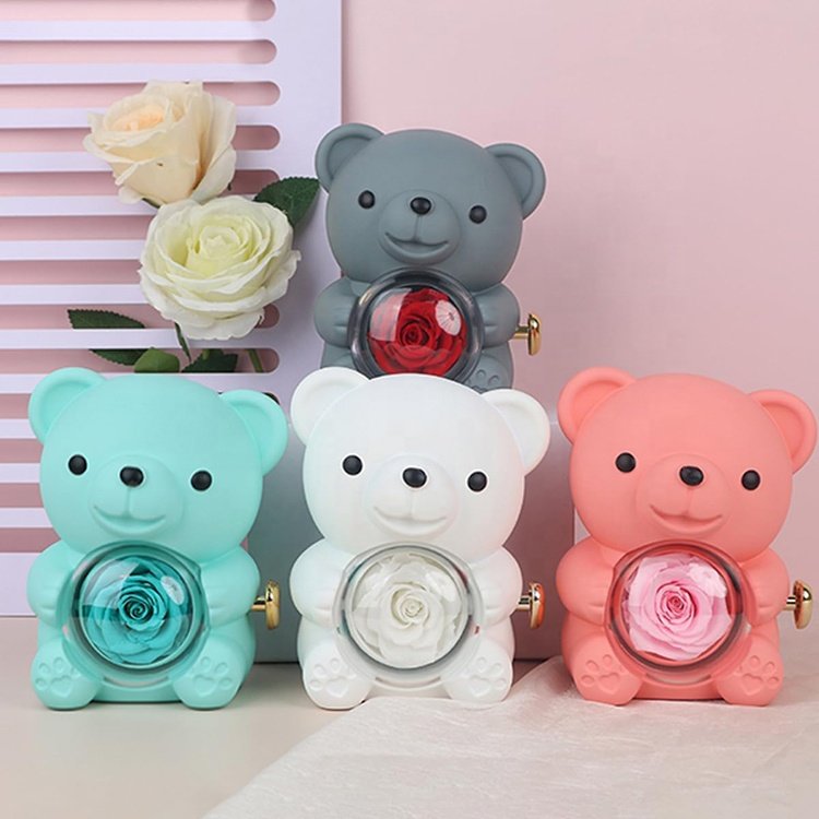 Valentines Day Gift 2024 Novelty Real Rose Bear Jewelry Necklace Rings Storage Box