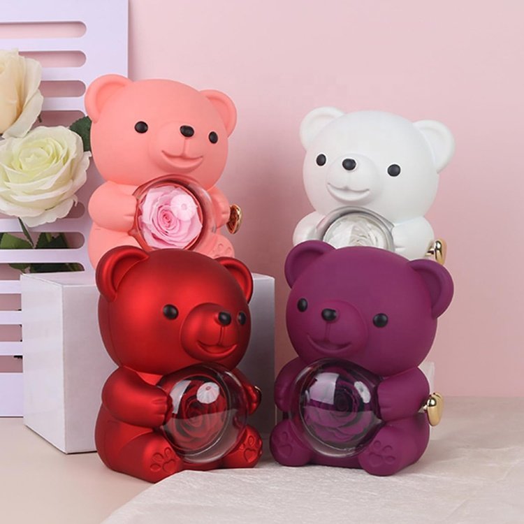 Valentines Day Gift 2024 Novelty Real Rose Bear Jewelry Necklace Rings Storage Box