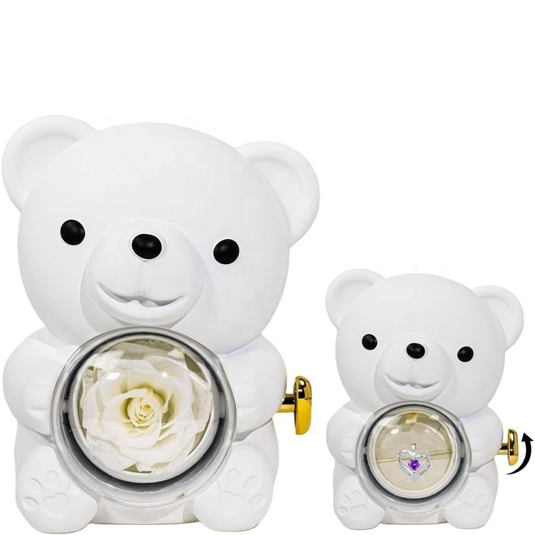 Valentines Day Gift 2024 Novelty Real Rose Bear Jewelry Necklace Rings Storage Box
