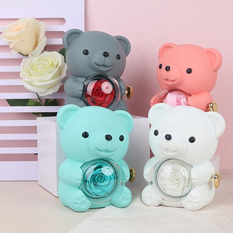 Valentines Day Gift 2024 Novelty Real Rose Bear Jewelry Necklace Rings Storage Box